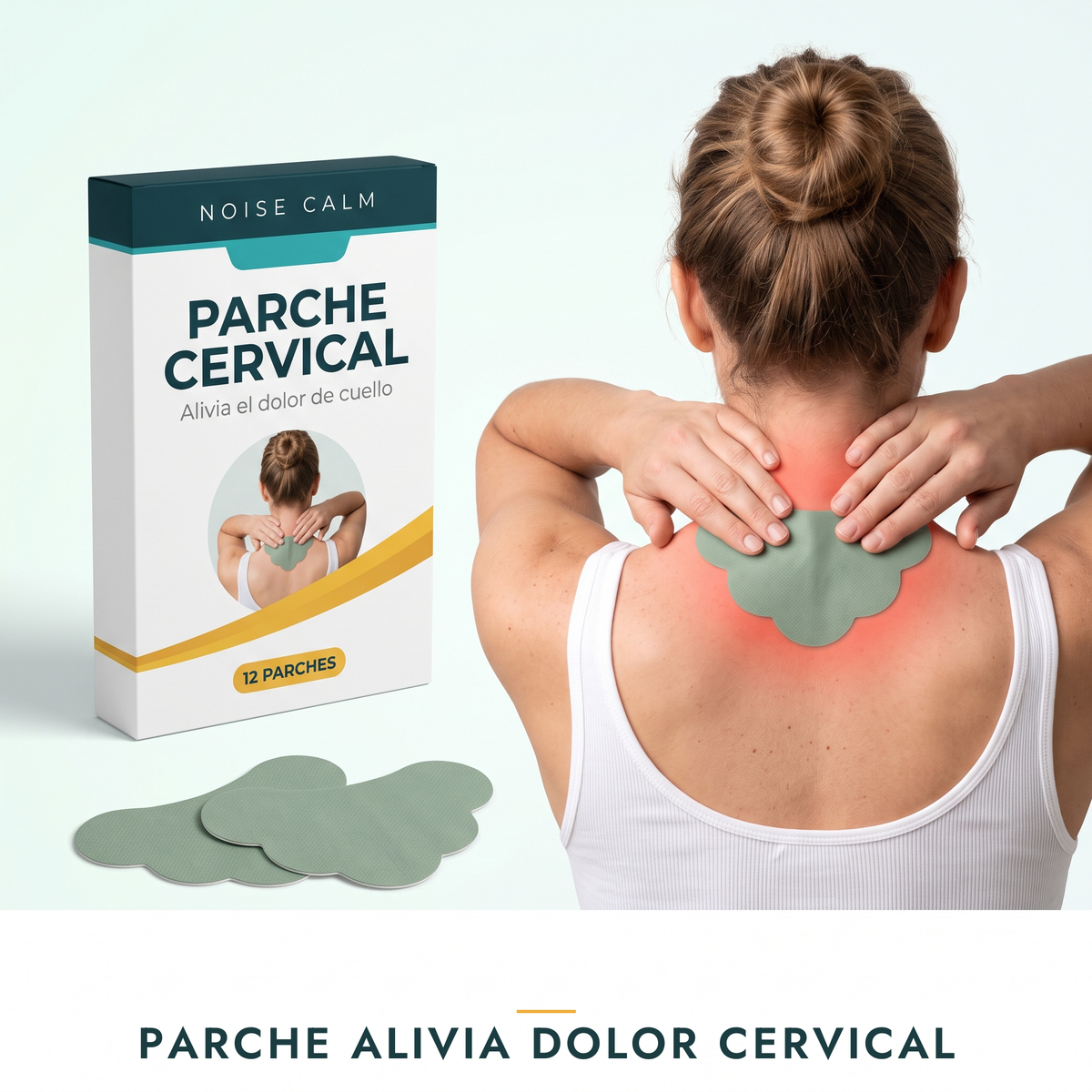 Parche alivia dolor cervical Noise Calm: caja de 12 parches y mujer aplicando el parche en la base del cuello